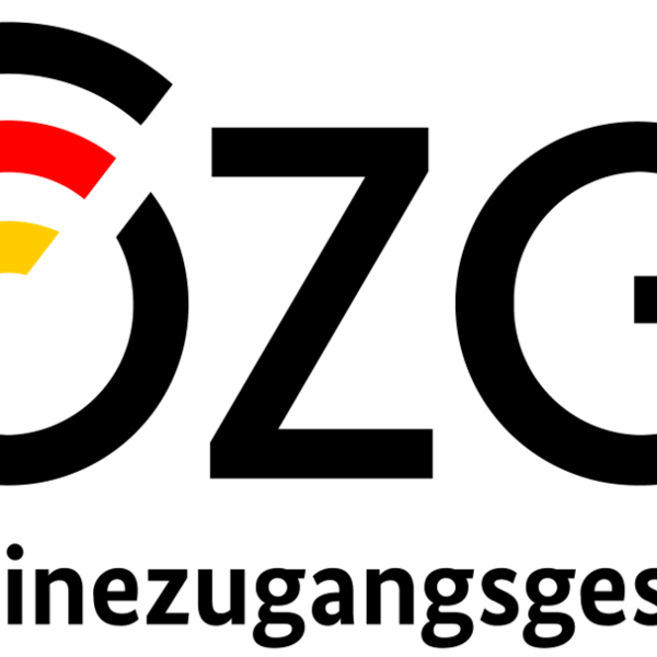 Logo Onlinezugangsgesetz. Die Buchstaben OZG in Versalien den Farben der Deutschlandflagge im Buchstaben O. Darunter das Wort Onlinezugangsgesetz.