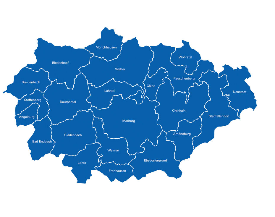 Karte des Landkreises Marburg-Biedenkopf mit Umrissgrenzen der Städte und Gemeinden