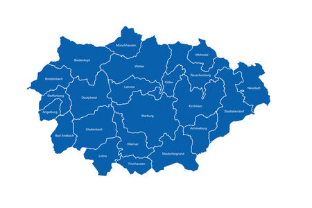 Karte des Landkreises Marburg-Biedenkopf mit Umrissgrenzen der Städte und Gemeinden