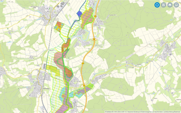 Ausschnitt einer Karte zum Thema Vogelschutz im Lahntal aus dem Geoportal des Landkreises Marburg-Biedenkopf