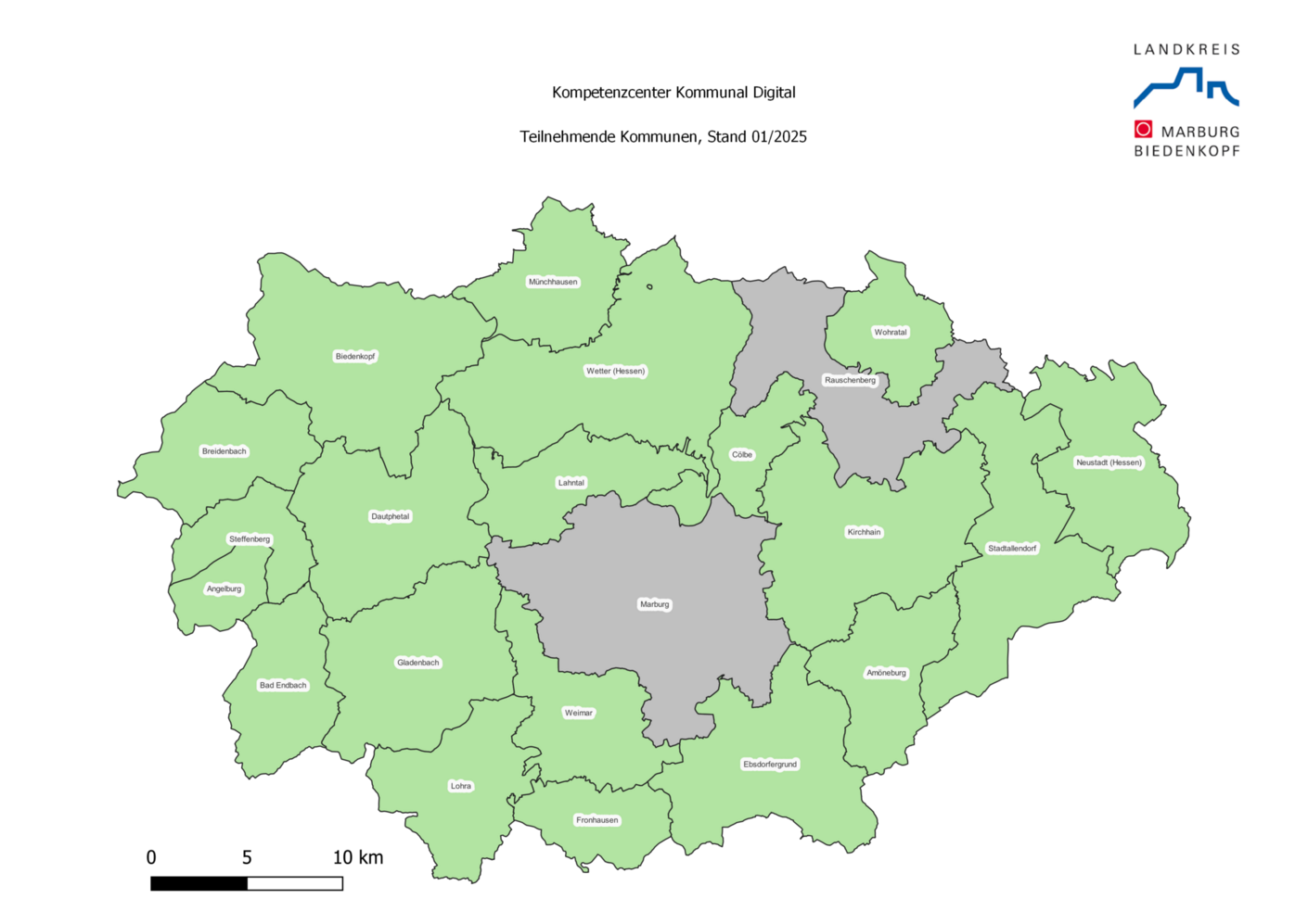 Karte der teilnehmenden Kommunen am Kompetenzcenter Kommunal Digital: Stadt Amöneburg, Gemeinde Angelburg, Stadt Bad Endbach, Stadt Biedenkopf, Gemeinde Breidenbach, Gemeinde Cölbe, Gemeinde Dautphetal, Gemeinde Ebsdorfergrund, Gemeinde Fronhausen, Stadt Gladenbach, Stadt Kirchhain, Gemeinde Lahntal, Gemeinde Lohra, Gemeinde Münchhausen, Stadt Neustadt, Stadt Stadtallendorf, Gemeinde Steffenberg, Gemeinde Weimar, Stadt Wetter, Gemeinde Wohratal