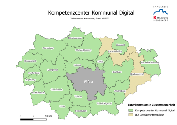 Karte der teilnehmenden Kommunen am Kompetenzcenter Kommunal Digital: Stadt Amöneburg, Gemeinde Angelburg, Stadt Bad Endbach, Stadt Biedenkopf, Gemeinde Breidenbach, Gemeinde Cölbe, Gemeinde Dautphetal, Gemeinde Ebsdorfergrund, Gemeinde Fronhausen, Stadt Gladenbach, Stadt Kirchhain, Gemeinde Lahntal, Gemeinde Lohra, Gemeinde Münchhausen, Stadt Neustadt, Gemeinde Steffenberg, Gemeinde Weimar, Stadt Wetter, Gemeinde Wohratal