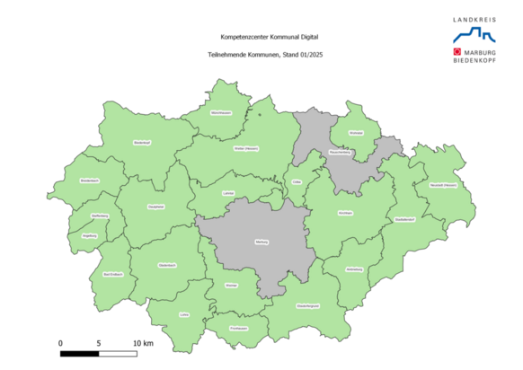 Karte der teilnehmenden Kommunen am Kompetenzcenter Kommunal Digital: Stadt Amöneburg, Gemeinde Angelburg, Stadt Bad Endbach, Stadt Biedenkopf, Gemeinde Breidenbach, Gemeinde Cölbe, Gemeinde Dautphetal, Gemeinde Ebsdorfergrund, Gemeinde Fronhausen, Stadt Gladenbach, Stadt Kirchhain, Gemeinde Lahntal, Gemeinde Lohra, Gemeinde Münchhausen, Stadt Neustadt, Stadt Stadtallendorf, Gemeinde Steffenberg, Gemeinde Weimar, Stadt Wetter, Gemeinde Wohratal