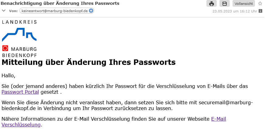 Screenshot: Mittelung über Änderung Ihres Passworts