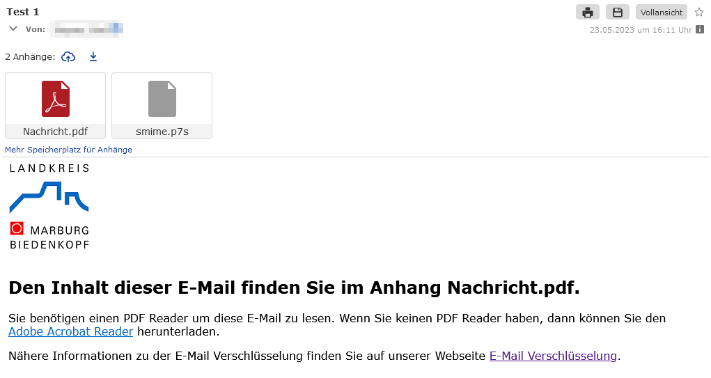 Screenshot: Ankündigung Passwort im Anhang