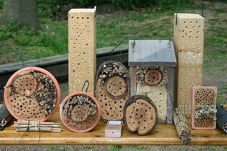 Verschiedene Nisthilfen für Wildbienen