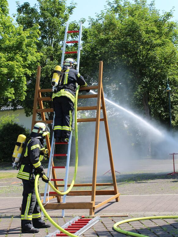 Teilnehmende bei der Brandbekämpfung von der Leiter