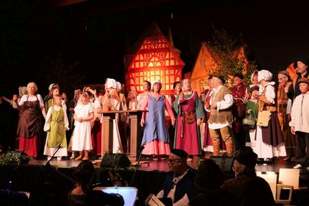 Die Darsteller und Darstellerinnen des Musicals "Nova Civitas – Aus der Geschichte unserer Stadt" auf der Bühne