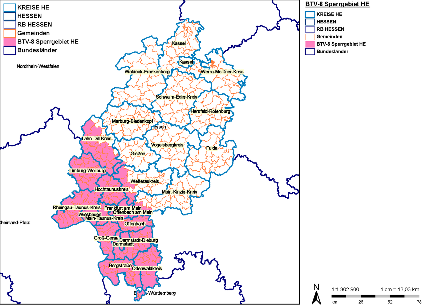 Karte der BTV-8 Sperrgebiete in Hessen (Blauzungenkrankheit)